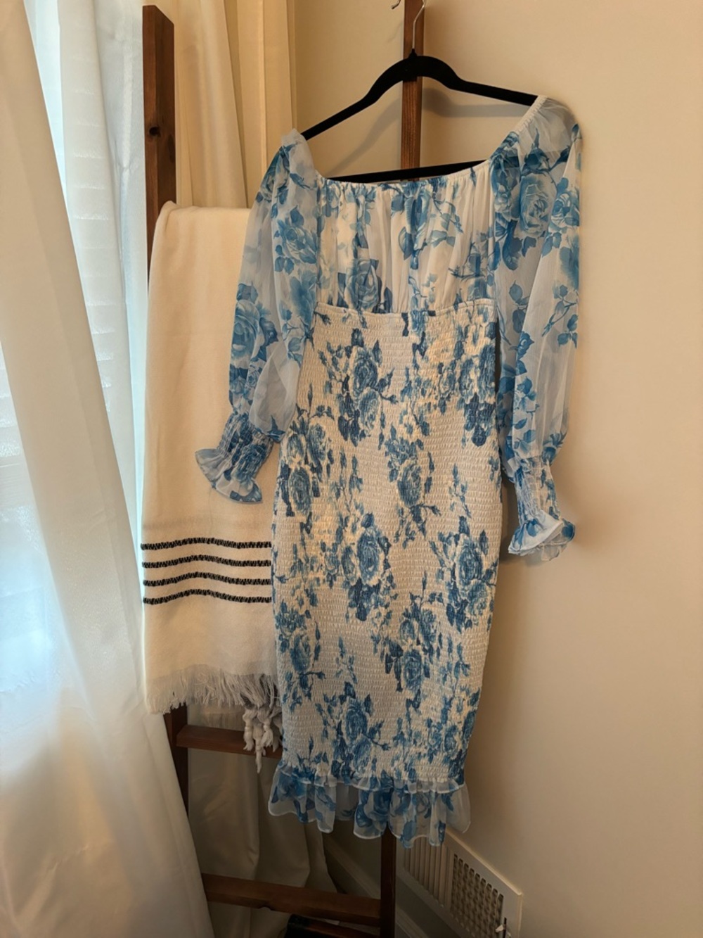 Baltic Born Blue Floral Off-Shoulder Smocked Midi Dress